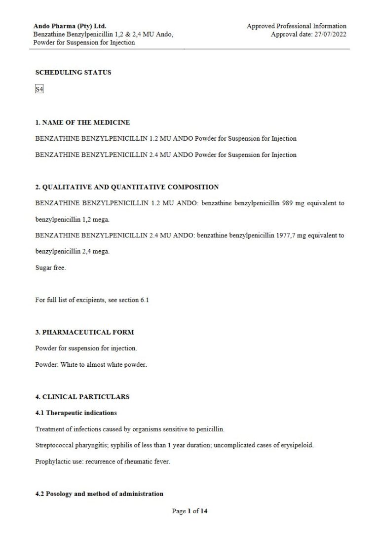 Benzathine Benzylpenicillin 1.2 & 2.4 Mu Ando Injection package insert preview