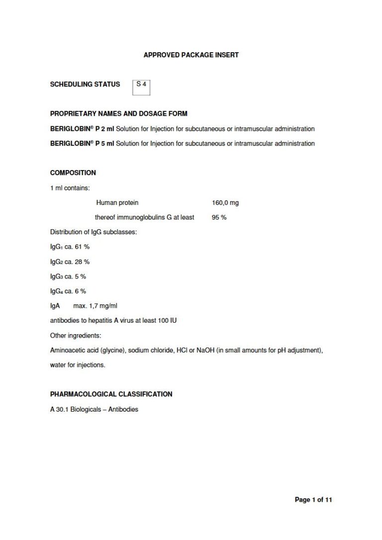 Beriglobin Injection package insert preview