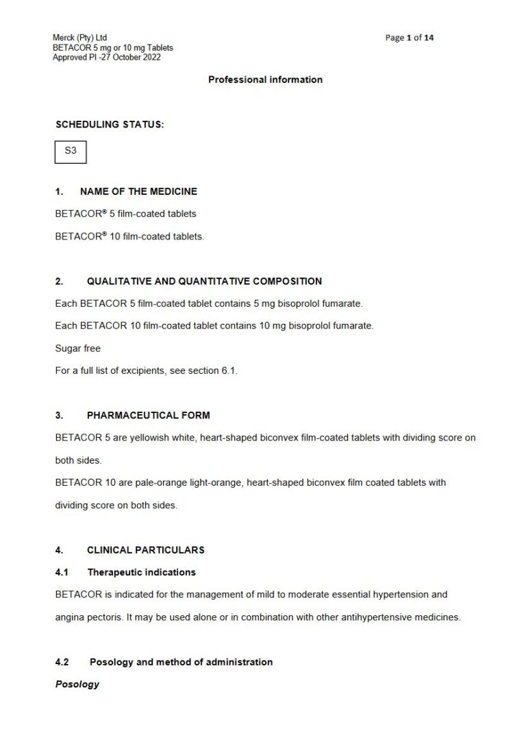 Betacor Tablets package insert preview