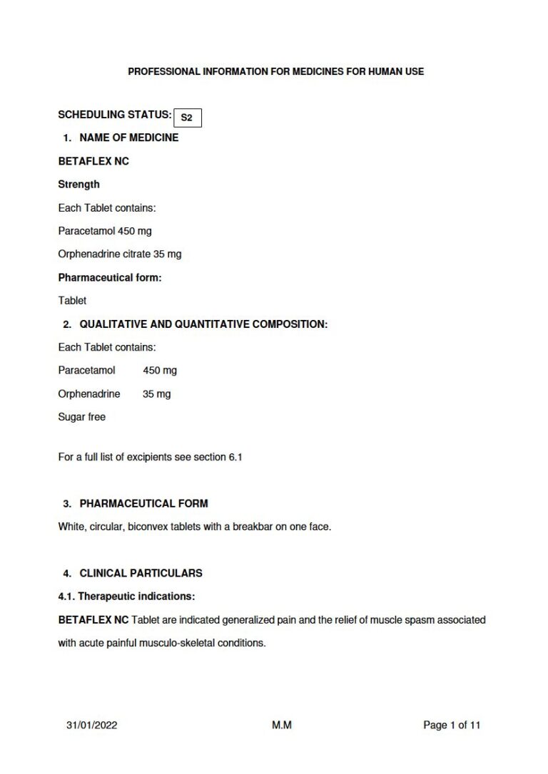 Betaflex Nc 450 mg Tablets package insert preview