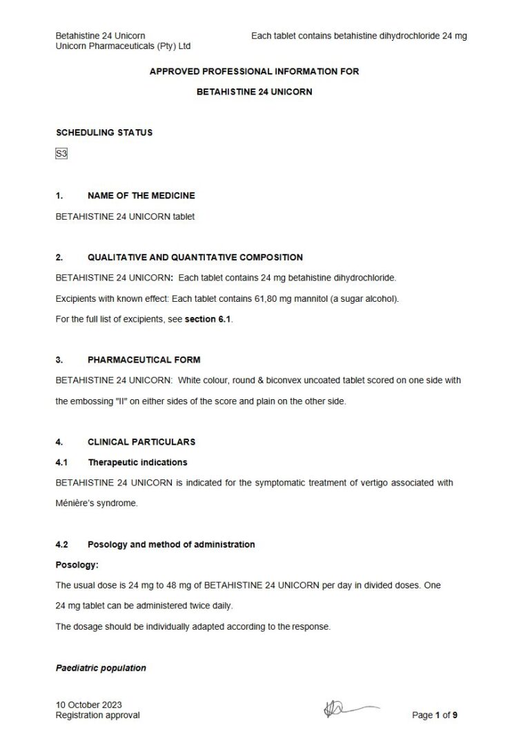 Betahistine 24 Unicorn Capsule package insert preview