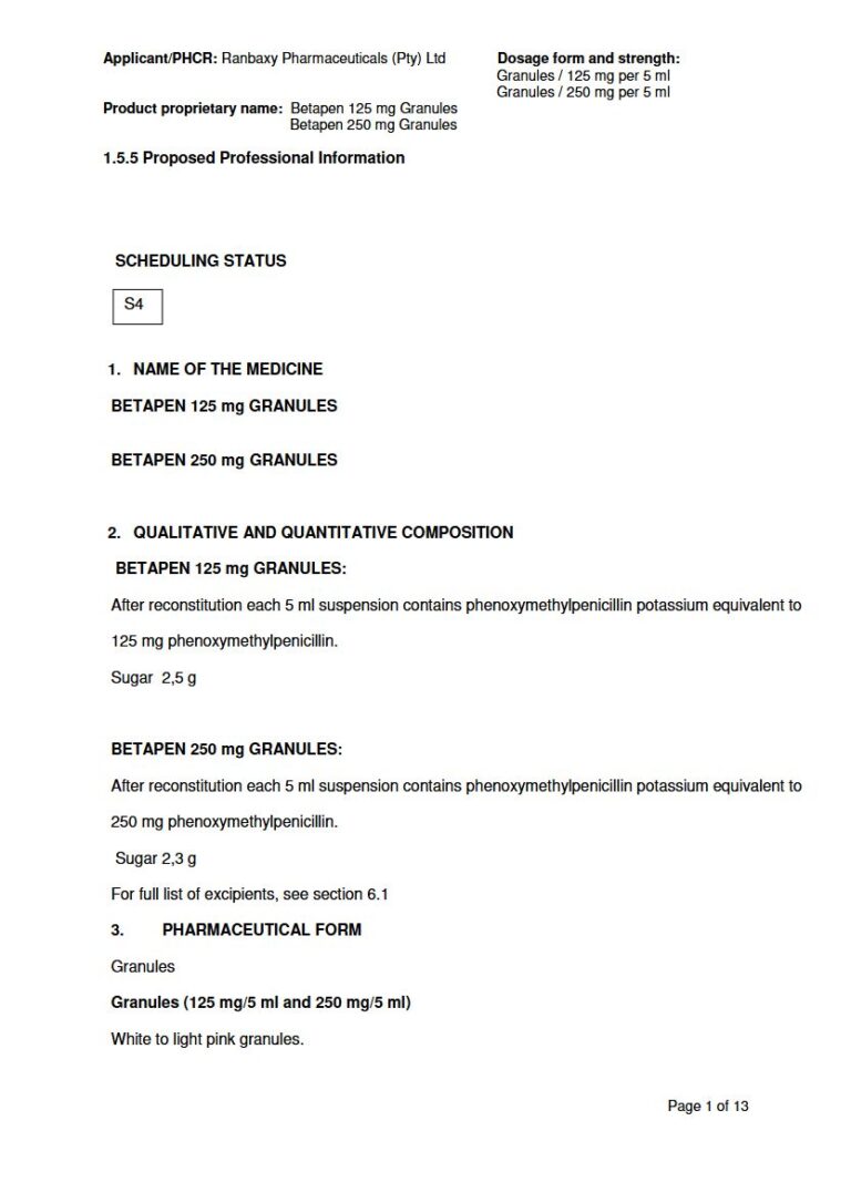 Betapen 125mg & 250mg Granules package insert preview