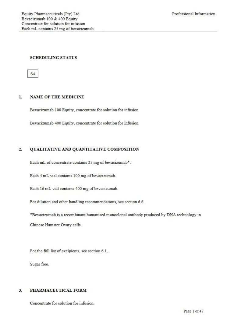 Bevacizumab 100 & 400 Equity Injection package insert preview