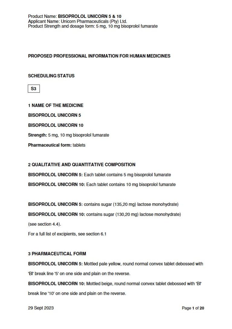 Bisoprolol Unicorn 5mg & 10mg Tablets package insert preview
