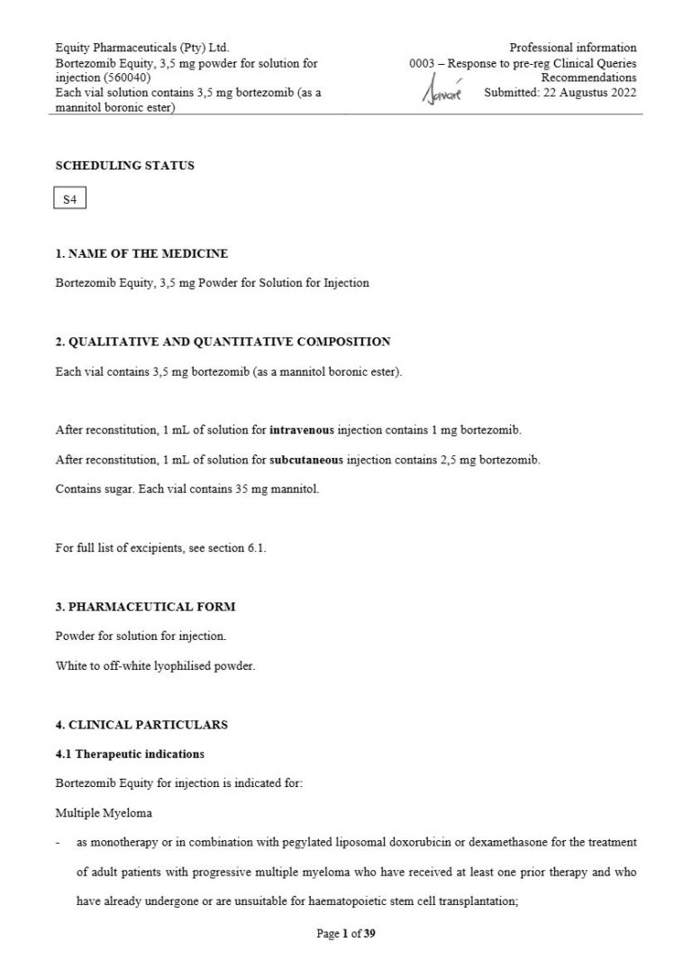 Bortezomib Equity 3.5mg Injection package insert preview