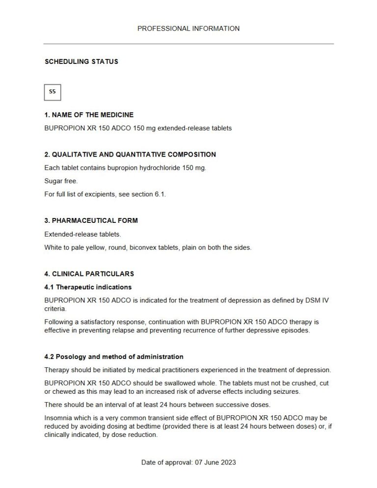 Bupropion XR 150 Adco Tablets package insert preview
