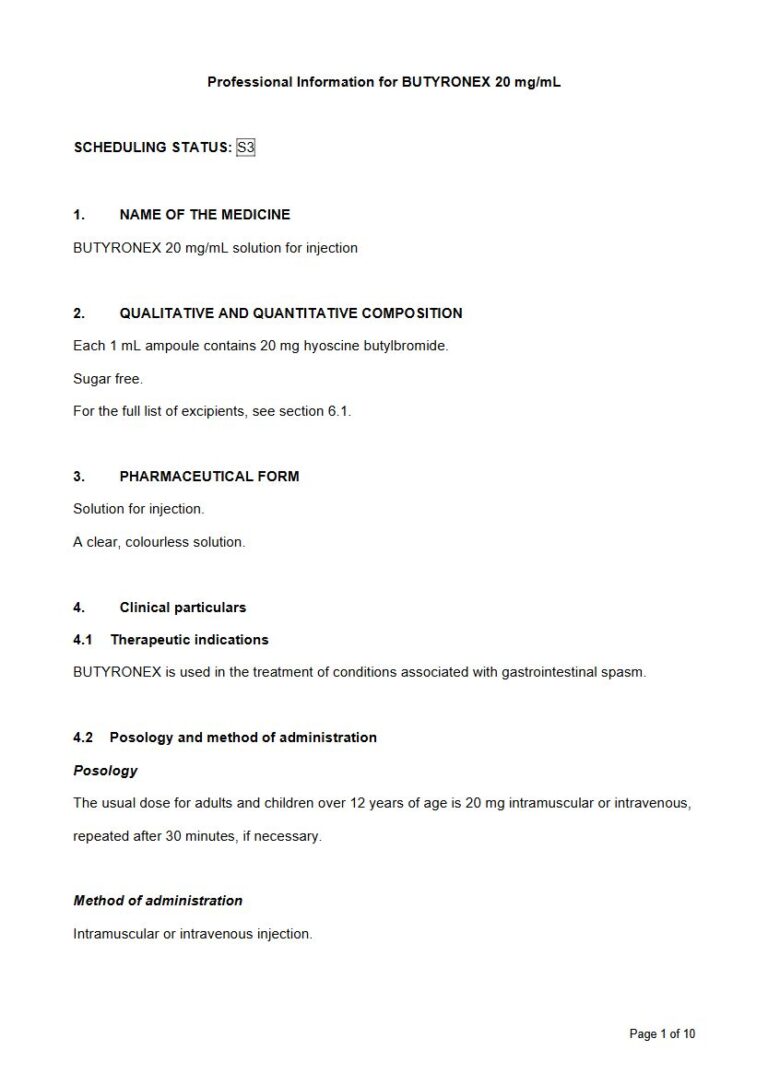 Butyronex 20mg Injection package insert preview