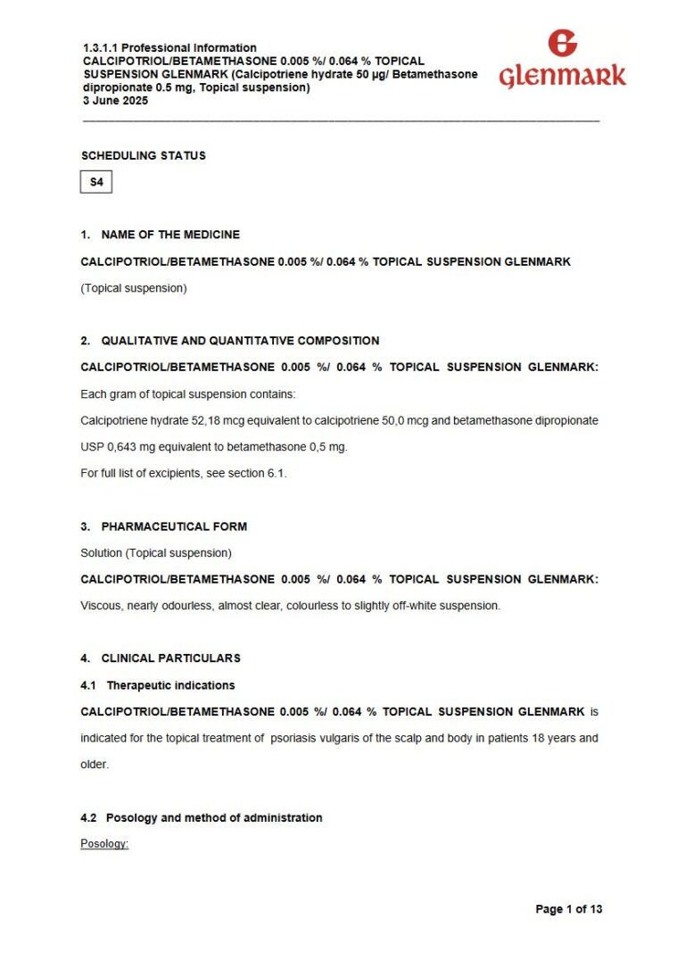Calcipotriol/Betamethasone 0.005 %/0.064 % Suspension package insert preview