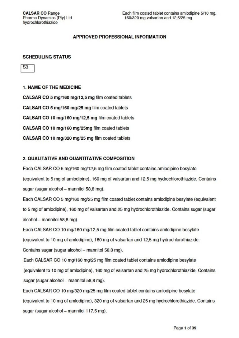 Calsar Co Tablets package insert preview