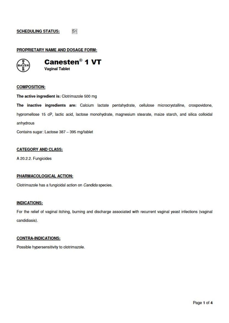Canesten 1 Vt 500mg Vaginal Tablet package insert preview