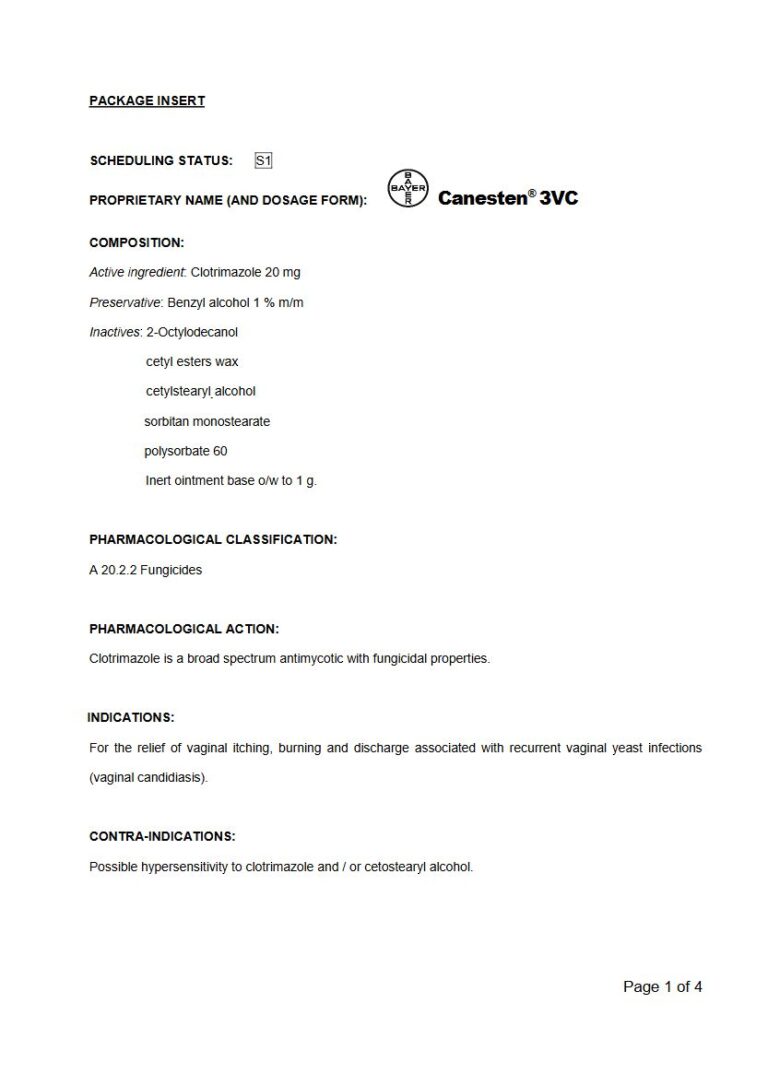 Canesten 3 Vc 20mg / 1g Vaginal Cream package insert preview