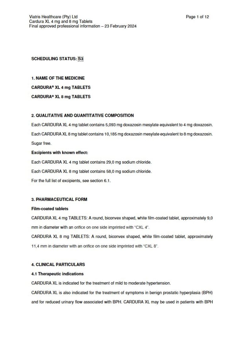 Cardura Xl 4 mg / 8 mg FC tablets package insert preview
