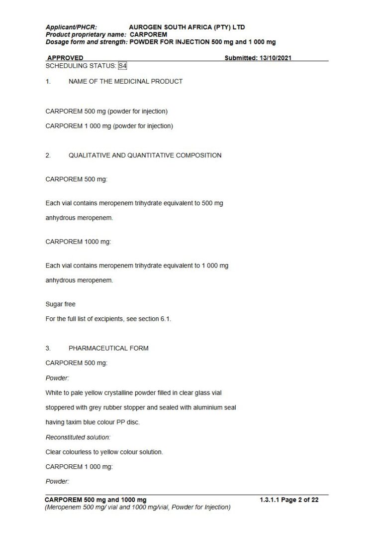 Carporem 500 mg. 1 000 mg POWDER FOR INJECTION package insert preview