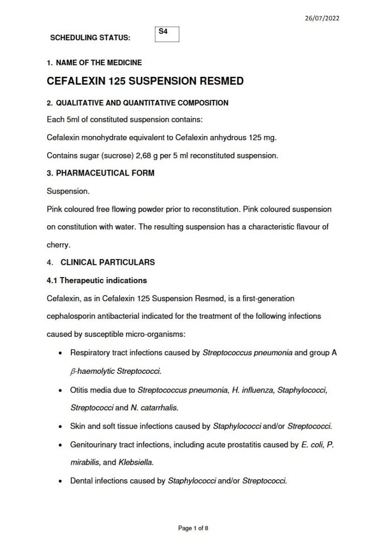 Cefalexin 125 Suspension Resmed 125 mg Powder for oral suspension package insert preview