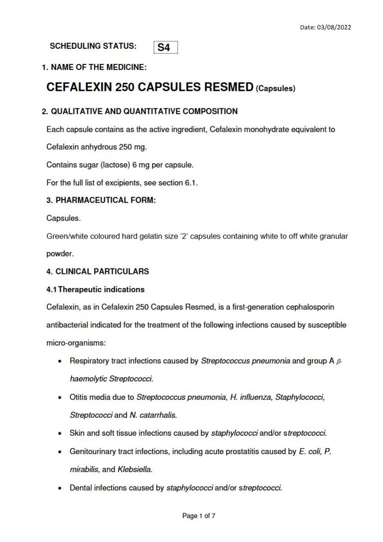 Cefalexin 250 Capsules Resmed 250 mg Capsule package insert preview