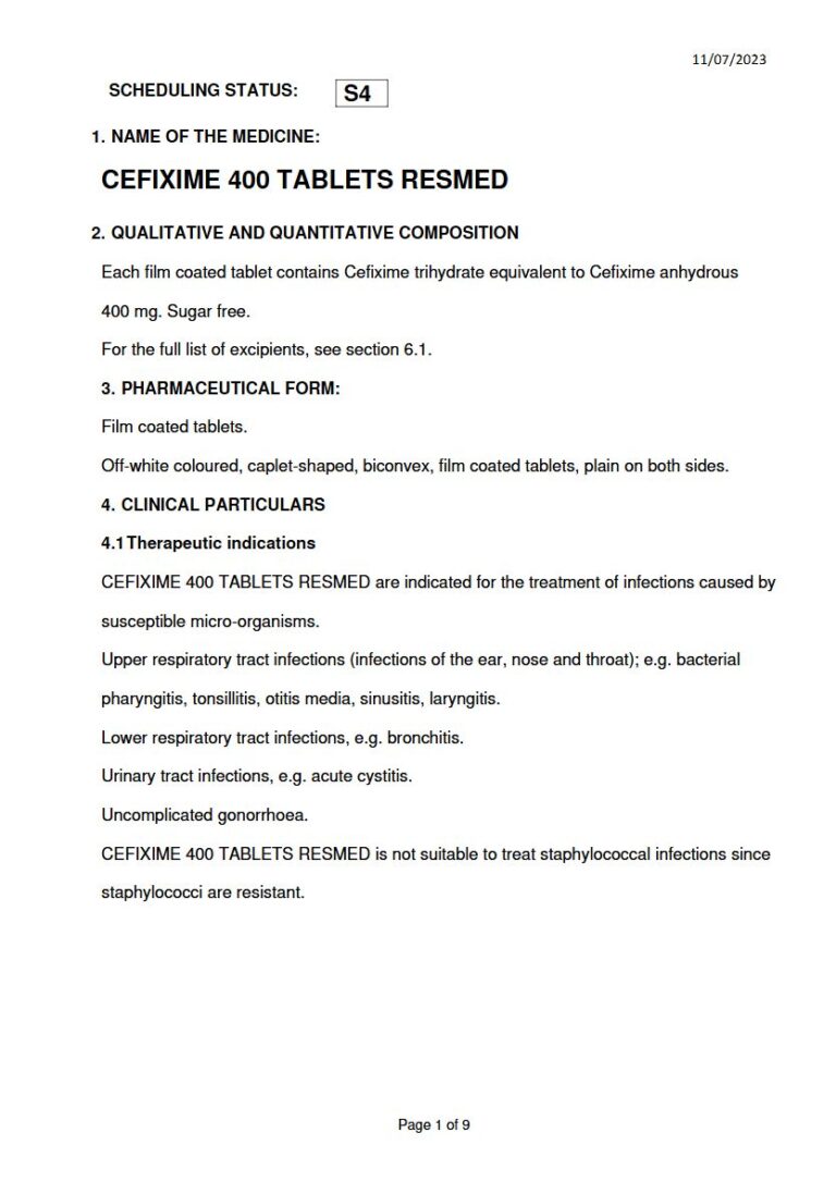 Cefixime 400 Tablets Resmed 400 mg Tablet package insert preview