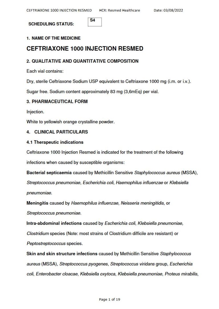 Ceftriaxone 1000 Injection Resmed 1000 mg Injection package insert preview