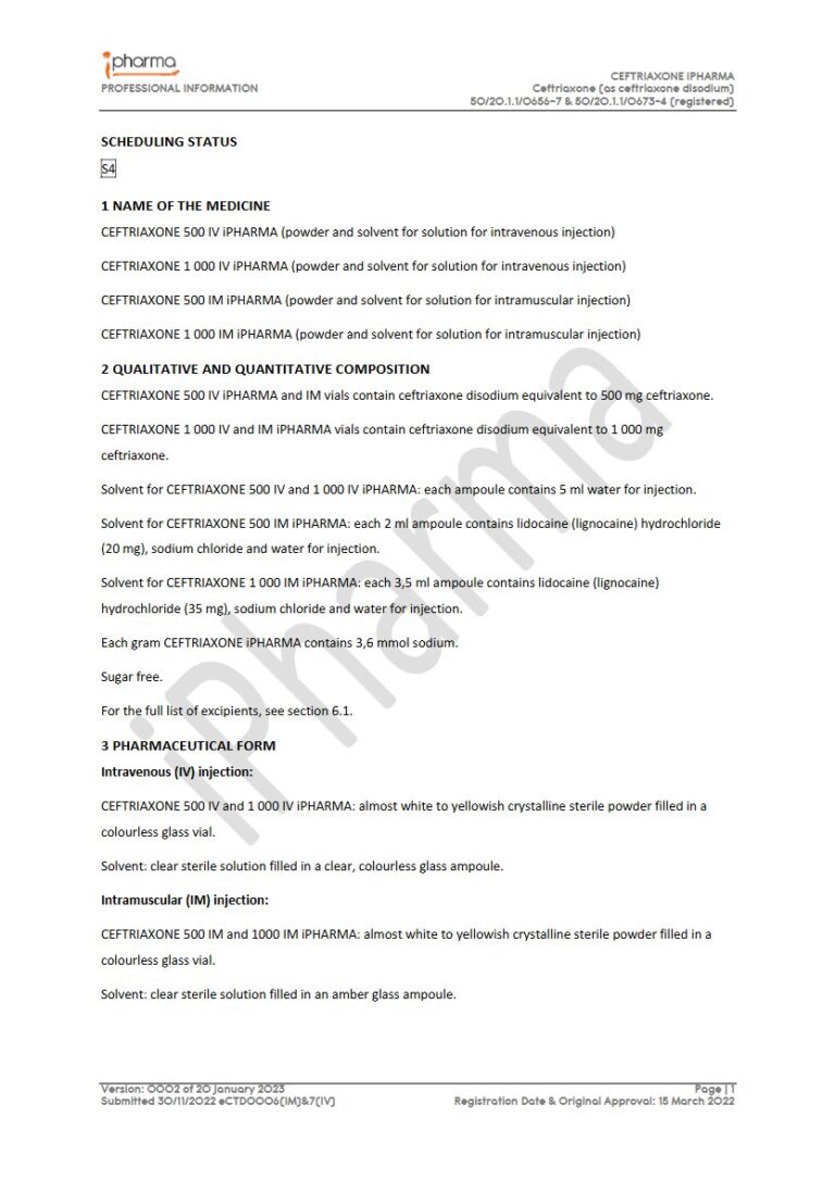 Ceftriaxone Ipharma 500 mg, 1 000 mg, Intravenous (IV) injection package insert preview