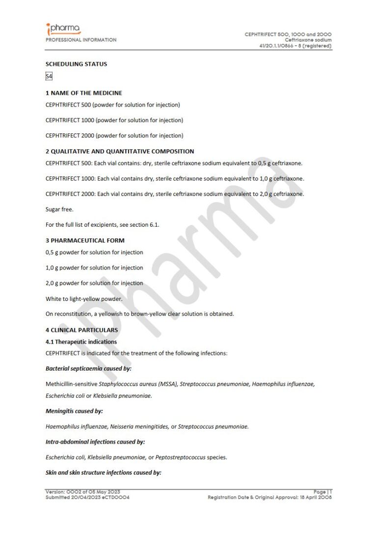Cephtrifect 0,5 g/1,0 g/2,0 g Solution package insert preview