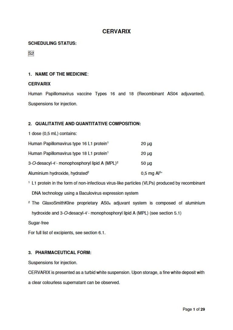Cervarix 1 dose (0,5 mL) Suspensions for injection. package insert preview