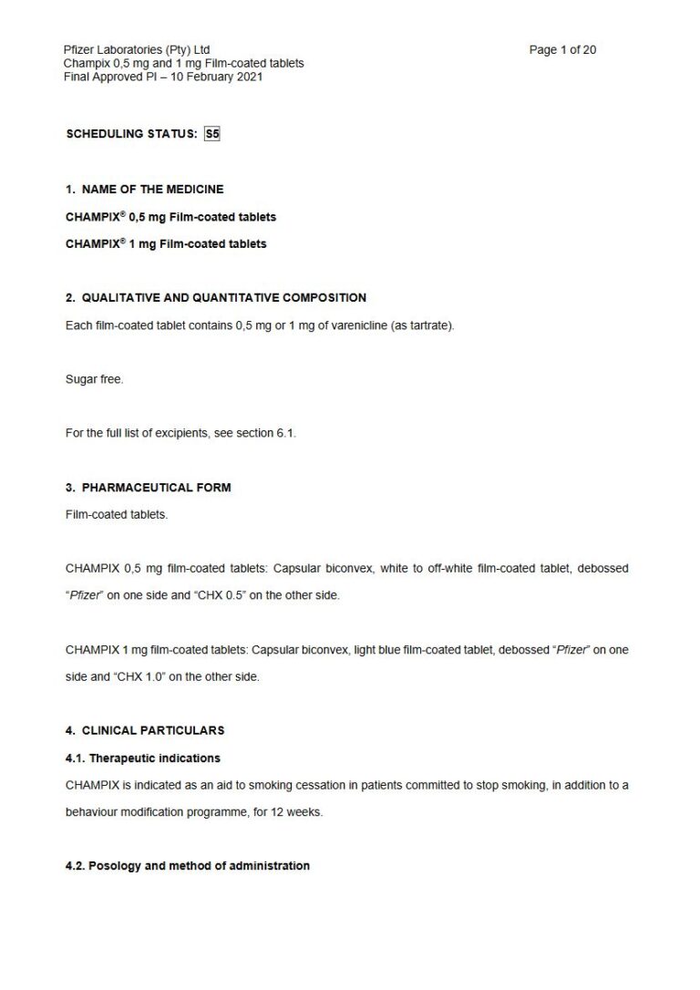 Champix 0.5 mg or 1 mg FC tablets package insert preview