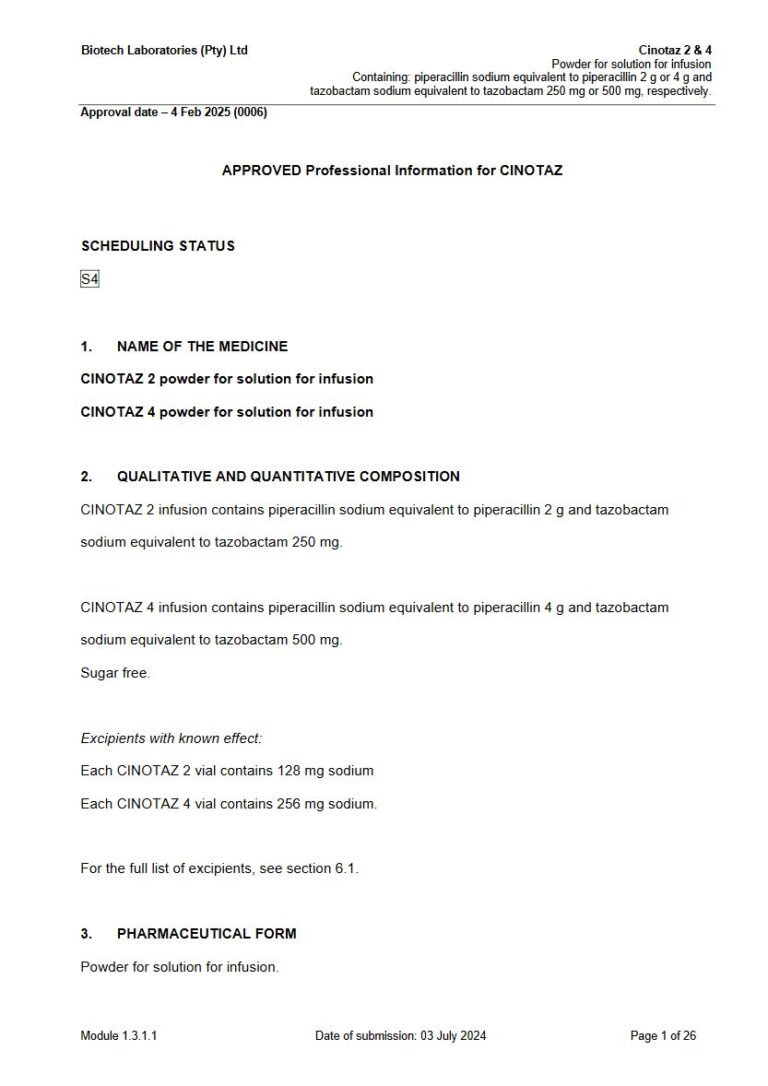 Cinotaz 2 g or 4 g Powder for solution for infusion package insert preview