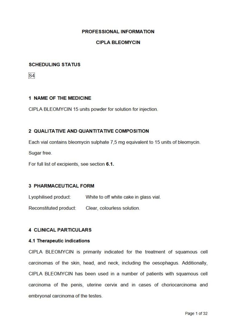 Cipla Bleomycin 7,5 mg Powder for solution for injection. package insert preview