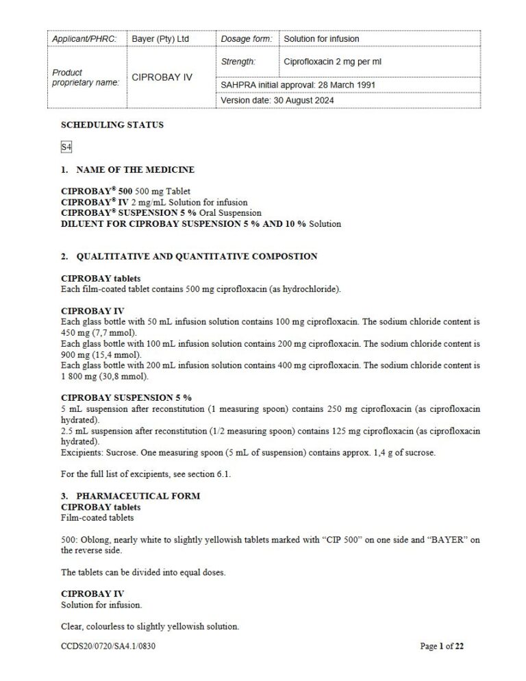Ciprobay Iv 100 mg. 200 mg. 400 mg Solution for Infusion package insert preview