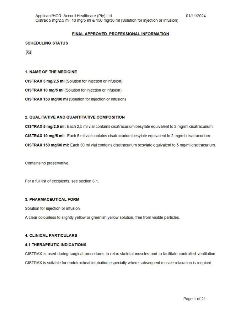 Cistrax 5 mg/2.5 ml/10 mg/5 ml/150 mg/30 ml Solution package insert preview