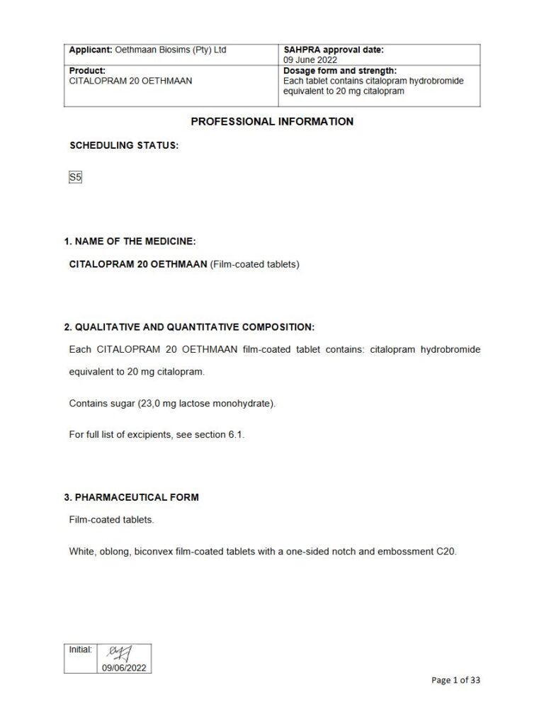 Citalopram 20 Oethmaan 20 mg FC tablets package insert preview