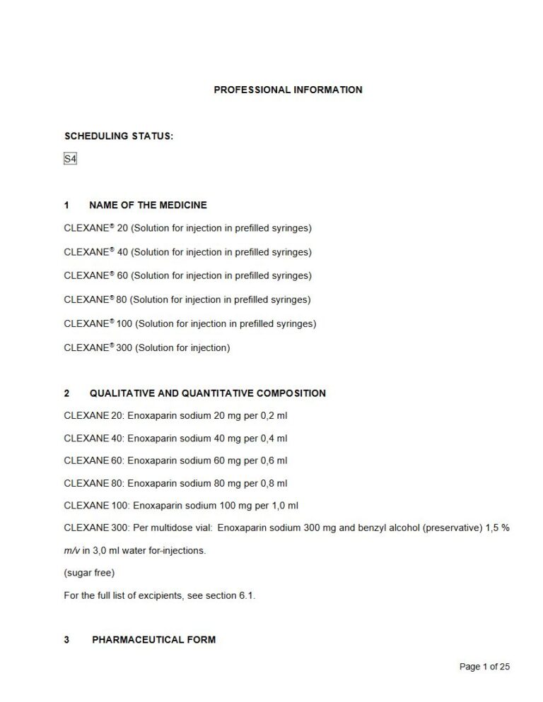 Clexane 20mg, 40mg, 60mg, 80mg, 100mg Solution for injection package insert preview