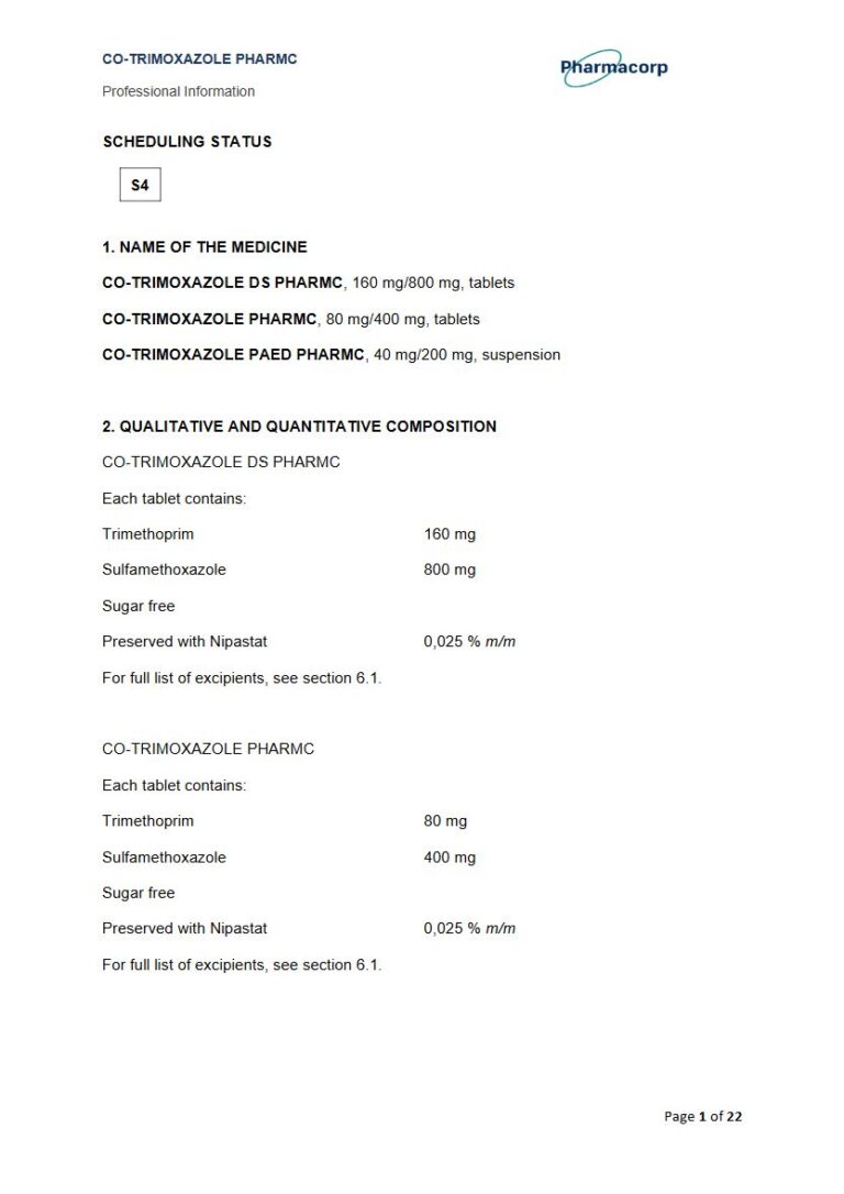 Co-Trimoxazole Pharmc 160 mg/800 mg/80 mg/400 mg/40 mg/200 mg package insert preview