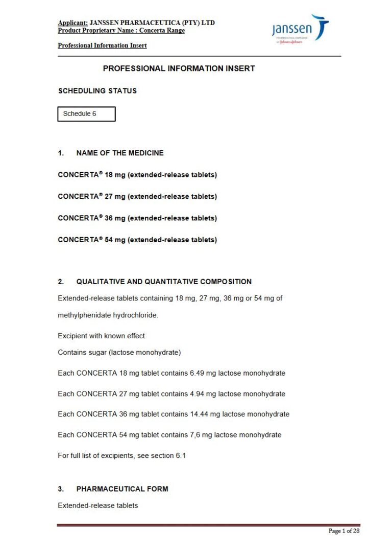 Concerta 18 mg, 27 mg, 36 mg, 54 mg XR tablets package insert preview