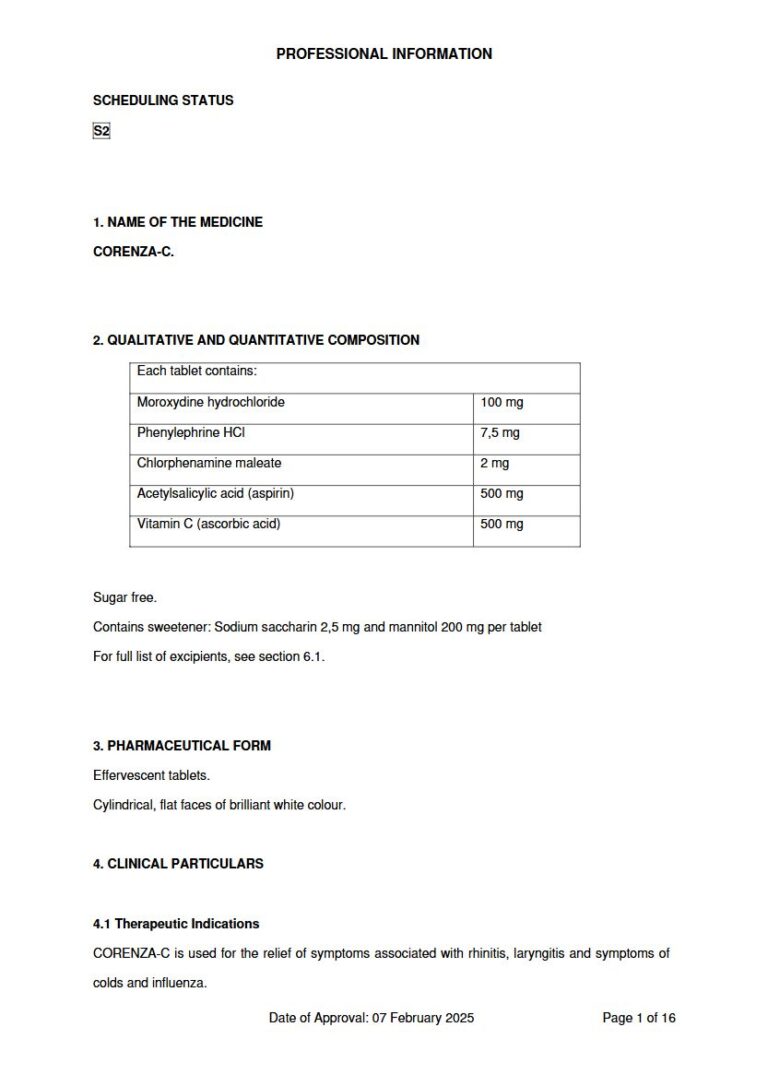 Corenza-C 2,5 mg and 200 mg White, effervescent tablet. package insert preview