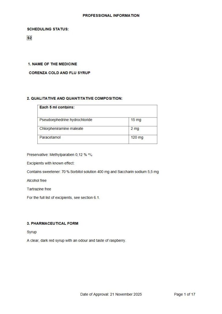Corenza Cold And Flu Syrup 5 ml Syrup package insert preview