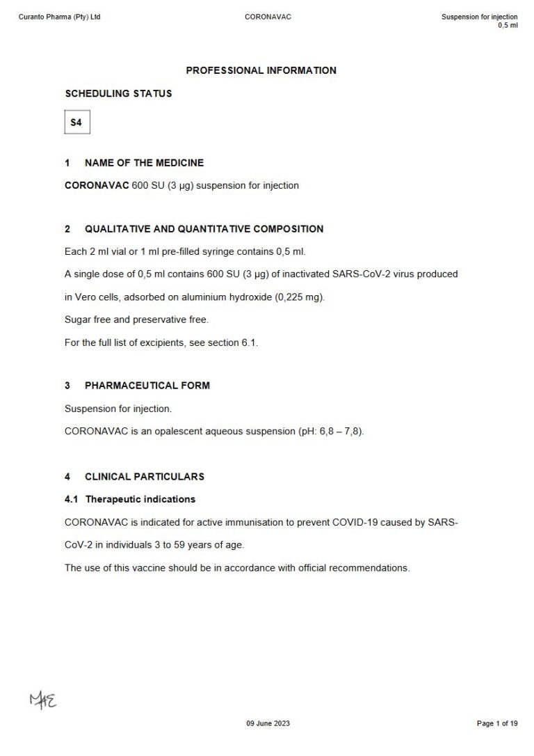 Coronavac 600,0 SU SUSPENSION FOR INJECTION package insert preview