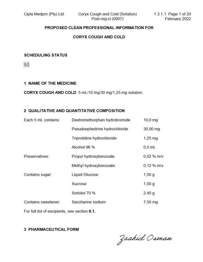 Coryx Cough And Cold 5 mL/10 mg/30 mg/1.25 mg Solution package insert preview