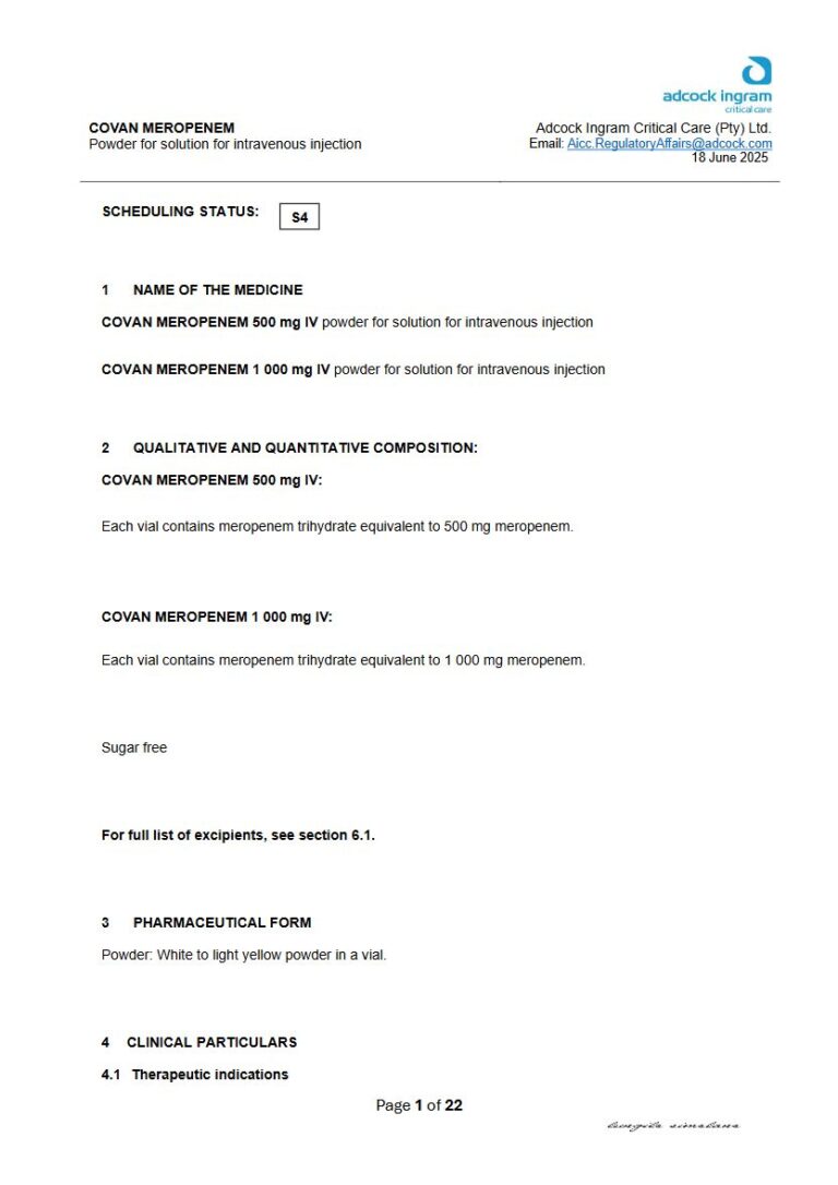 Covan Meropenem 500 mg/000 mg Solution package insert preview