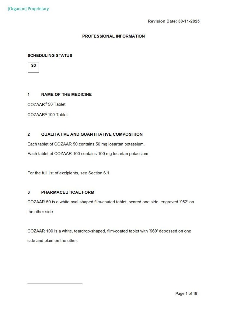 Cozaar 50mg and 100mg Tablet package insert preview