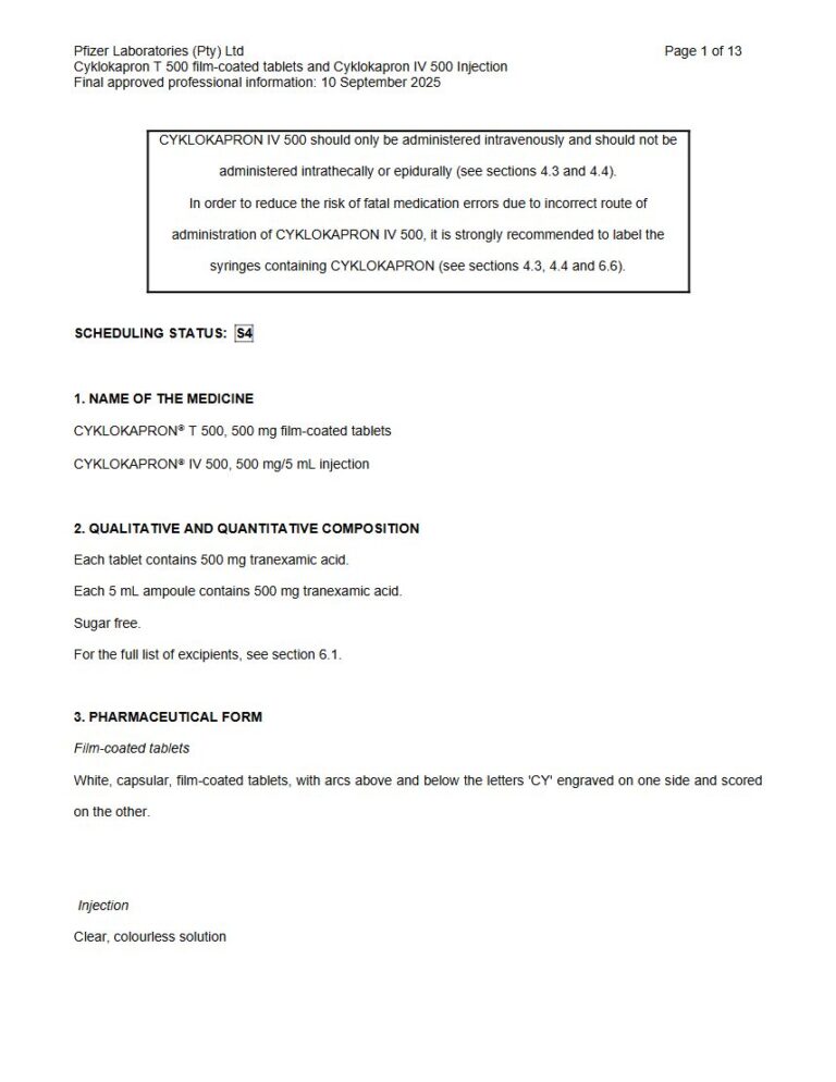 Cyklokapron T 500 mg/5 ml Film-Coated Tablets package insert preview