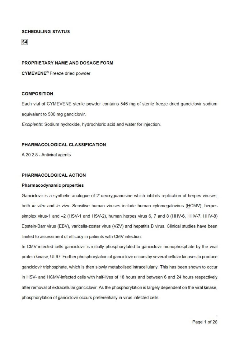 Cymevene 500mg Freeze dried powder package insert preview