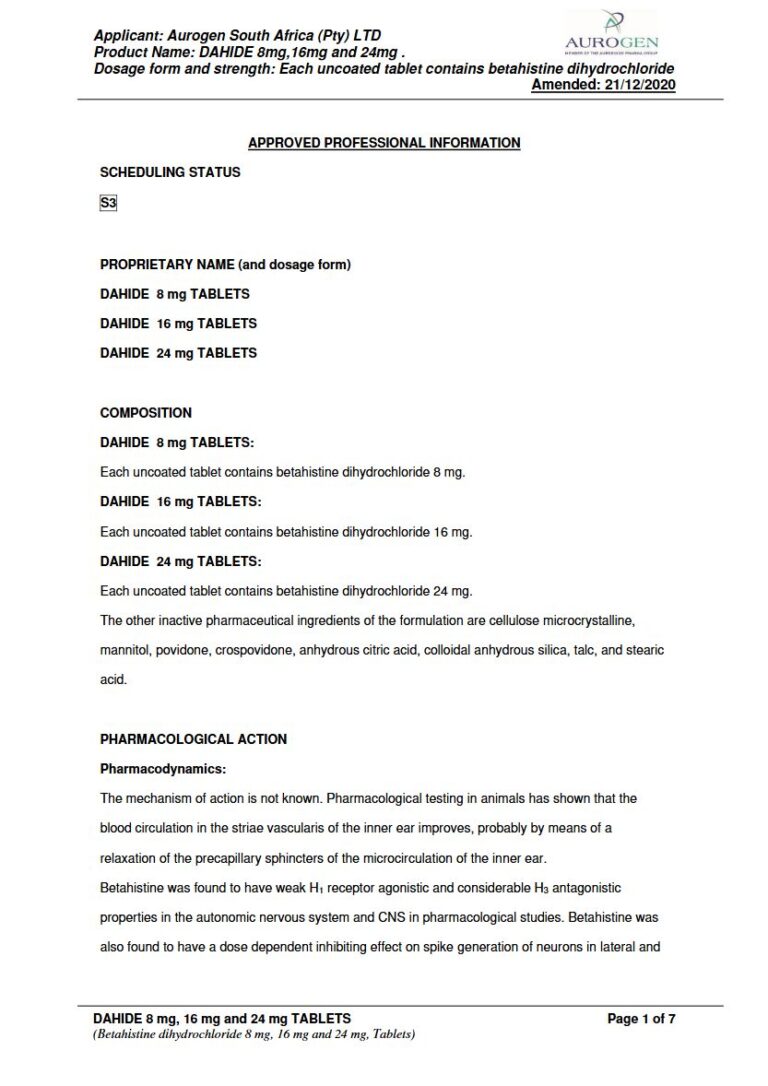 Dahide 8mg,16mg and 24mg TABLETS package insert preview