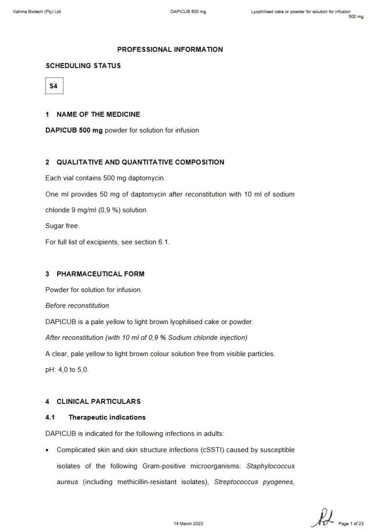 Dapicub 500 mg Powder for solution for infusion package insert preview