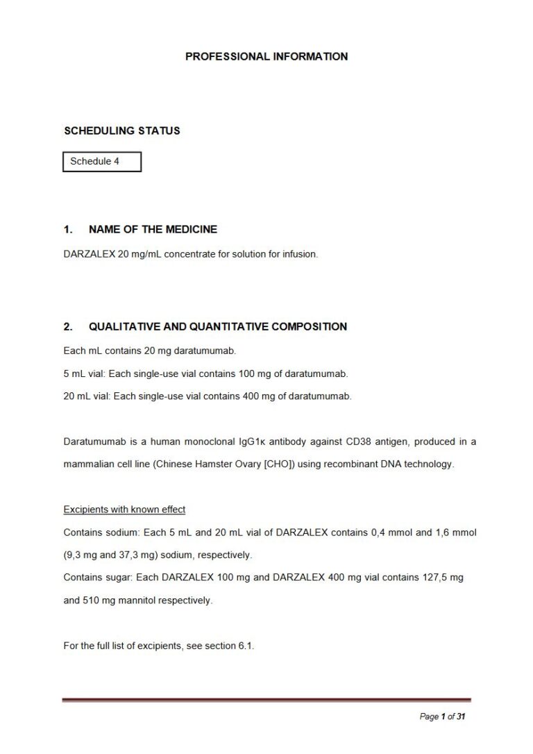 Darzalex 20 mg/mL Concentrate for solution for infusion package insert preview