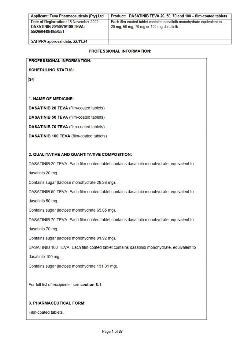 Dasatinib Teva 20 mg, 50 mg, 70 mg or 100 mg FC tablets package insert preview