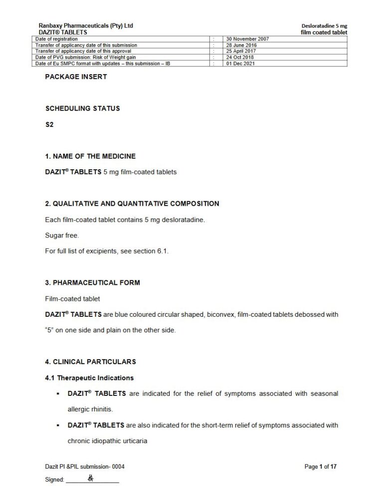 Dazit Tablets 5 mg FC tablet package insert preview