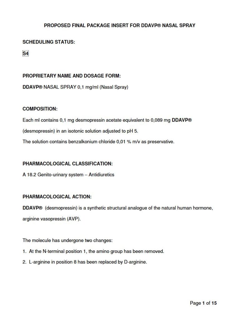 Ddavp Ns 0.1 mg / 1ml Nasal Spray package insert preview