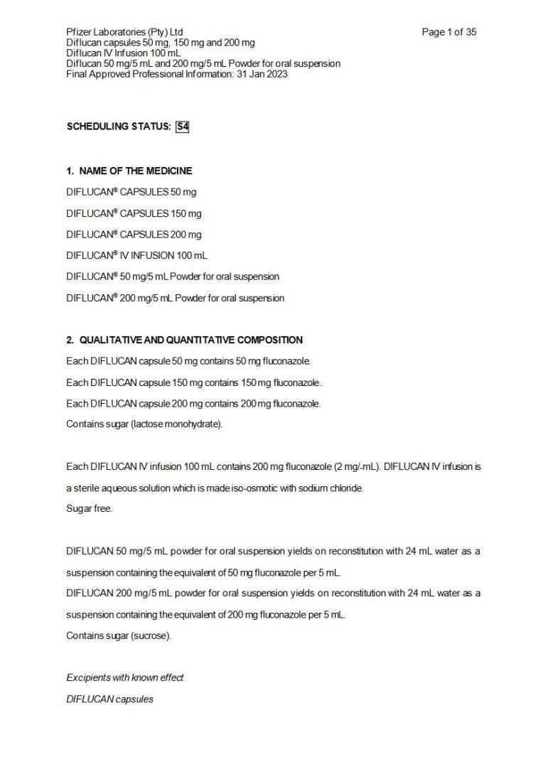 Diflucan 50 mg/150 mg/200 mg/5 mL Capsules package insert preview