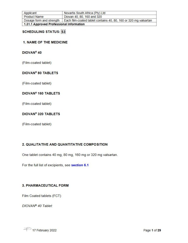 Diovan 40mg. 80mg. 160mg. 320mg Tablet package insert preview