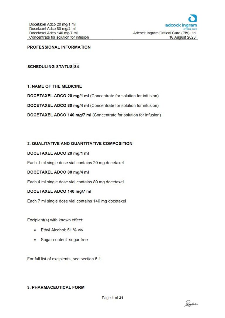Docetaxel Adco 20 mg/1 ml/80 mg/4 ml/140 mg/7 ml Solution package insert preview